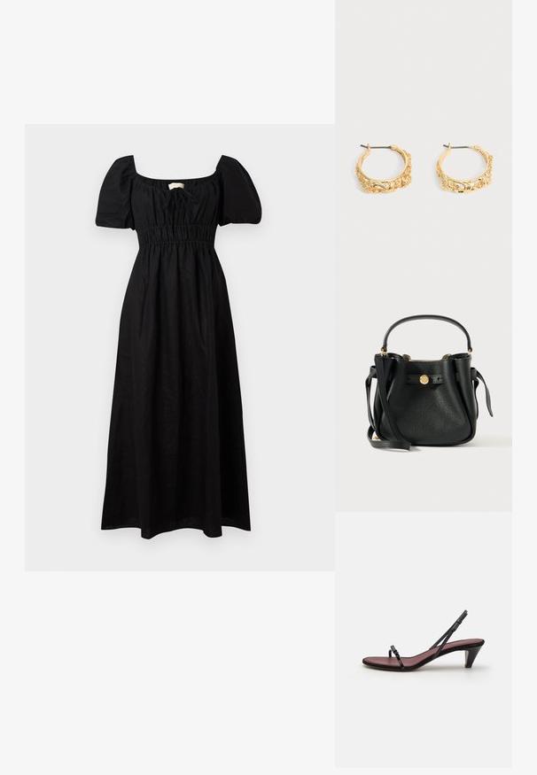 Mustmust mustr särk musta linane maksikleid, ruudukujuline dekoltee, lühikesed puffvarrukad, elastne vöökoht ja voolav seelik. Minimalistlik disain sujuva tekstuuriga.; Mustad mustad sandaalid, millel on õhukesed rihmad ja väike dekoratiivne pandla. Siseosa on kontrastse burgundi värviga, õhuke konikaalne konts.; Musta tekstureeritud nahast käekott lühikese käepideme ja pika õlavöödiga, kullatooniga ümmargune logo klamber ees.; Kuldsed tooniga rõngaskujulised kõrvarõngad, millel on kaunistatud lille- ja lehevormiline reljeef neutraalsel taustal.