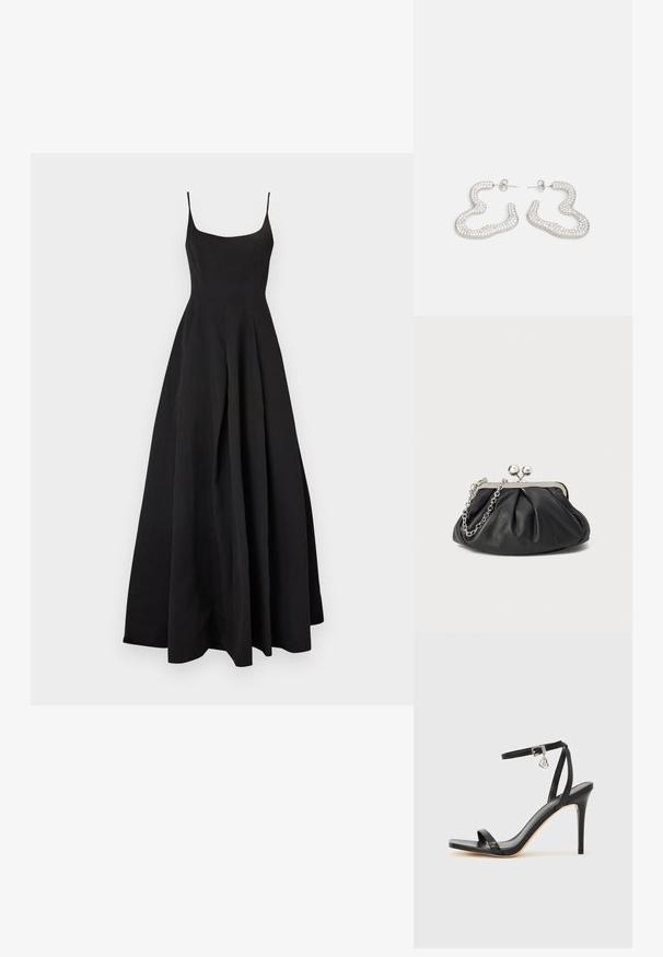 Robe noire sans manches avec un corsage ajusté et une jupe évasée. Fabriquée en tissu lisse, présentant une silhouette classique et un design minimaliste.; Sandale à talon haut noire avec une bride étroite à la cheville, bout carré, cuir lisse et accent de boucle métallique.; Porte-monnaie en cuir noir avec texture froncée, cadre en métal argenté, fermeture à verrouillage kiss-lock et bandoulière en chaîne. Surface lisse et douce.; Boucles d'oreilles en métal argenté au design abstrait et ondulé, ornées de petits cristaux scintillants. Fermeture arrière à clou sécurisée.
