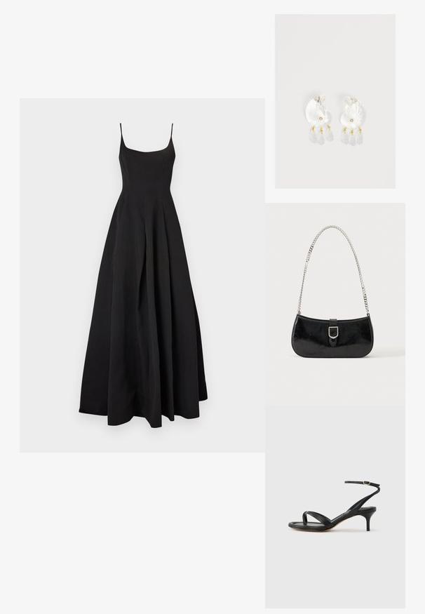 Robe noire sans manches avec un corsage ajusté et une jupe évasée. Fabriquée en tissu lisse, présentant une silhouette classique et un design minimaliste.; Sandale pour femme en cuir noir avec fines lanières, une boucle d'orteil, une boucle à la cheville et un talon aiguille de hauteur moyenne sur un fond neutre.; Sac à épaule en cuir verni noir avec détail de boucle argentée et bandoulière en chaîne argentée, présenté sur un fond uni clair.; Boucles d'oreilles en résine transparente en forme de coquillage avec de petits accents dorés et trois breloques translucides en forme de goutte pendantes sur chaque boucle d'oreille.