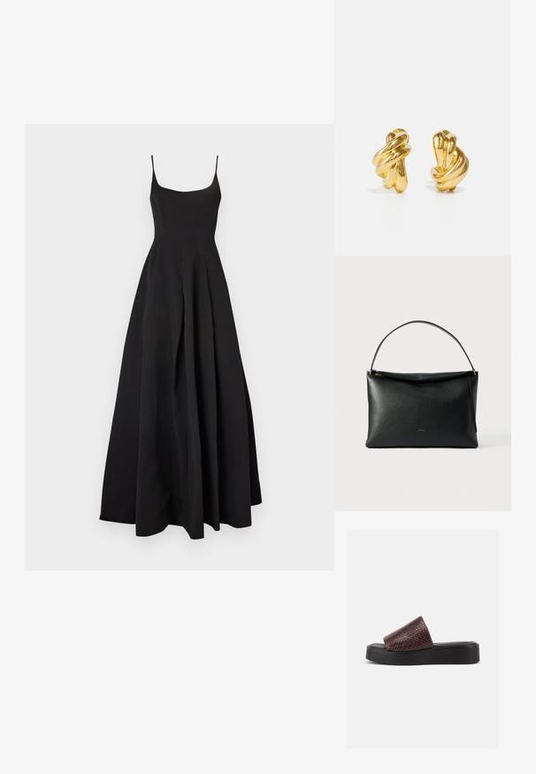 Robe noire sans manches avec un corsage ajusté et une jupe évasée. Fabriquée en tissu lisse, présentant une silhouette classique et un design minimaliste.; Sandale mule en cuir tressé marron avec semelle plateforme noire épaisse, bout ouvert, et design à enfiler, présentée sur fond blanc.; Sac à main en cuir noir à texture lisse, avec une poignée courbée et un détail de fermeture éclair doré. Design minimaliste avec un logo discret.; Boucles d'oreilles en métal doré avec un design torsadé, présentant des surfaces lisses et des bords arrondis, mettant en valeur une finition réfléchissante et brillante.