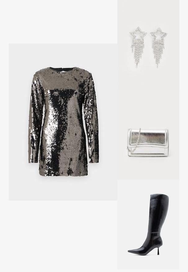 Robe à manches longues en sequins noirs et argent, avec un décolleté rond et une silhouette ajustée. Texture lisse avec des qualités réfléchissantes.; Bottes noires à talons aiguilles montantes, avec une finition en cuir brillant, un bout pointu et un talon effilé, présentant une surface lisse et un design élégant.; Pochette métallique argentée avec une texture lisse, fermeture rabat et une bandoulière en chaîne. Présente un design rectangulaire structuré et des accents cousus.; Boucles d'oreilles en strass en forme d'étoile avec des détails de franges en cascade, présentant une teinte argentée et une surface brillante et réfléchissante. Forme d'étoile avec un design complexe.