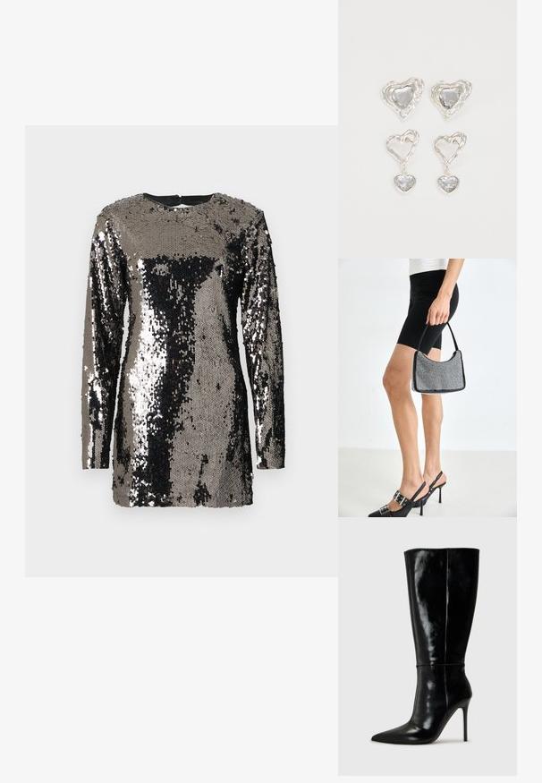 Robe à manches longues en sequins noirs et argent, avec un décolleté rond et une silhouette ajustée. Texture lisse avec des qualités réfléchissantes.; Bottes noires en cuir, hautes jusqu'au genou, avec un bout pointu et un talon aiguille haut. Texture lisse et design épuré, avec un minimum de détails.; Sac à main à perles noires avec une silhouette courbée, une poignée de transport et une texture brillante. Porté avec des chaussures à talons hauts noires et un short noir ajusté.; Des boucles d'oreilles en argent en forme de cœur présentent des pierres claires facettées, avec un cadre texturé. L'ensemble comprend des styles à clou et des styles pendants.