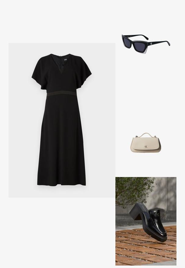 Schwarzes Kleid mit V-Ausschnitt, kurzen, schwingenden Ärmeln und einem kontrastierenden horizontalen Band in der Taille. Aus einem glatten, fließenden Stoff gefertigt.; Schwarze Leder-Slip-on-Mule von Calvin Klein mit Blockabsatz, die auf Holzfliesen im Freien nahe einer grünen Pflanze und einer grauen Wand ruht.; Schwarze übergroße Sonnenbrille mit geometrischer Form, ausgestattet mit dunklen Gläsern und einem kontrastierenden grauen Detail im Rahmen. Logo am Bügel.; Kleine beigefarbene Lederhandtasche mit oberem Griff und silbernem CK-Logo auf der Frontklappe, vor weißem Hintergrund dargestellt.