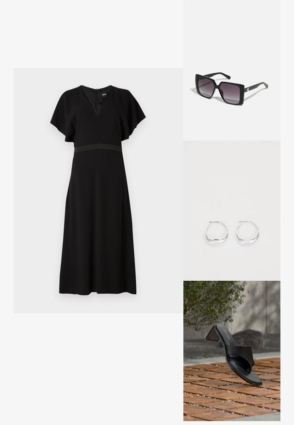 Schwarzes Kleid mit V-Ausschnitt, kurzen, schwingenden Ärmeln und einem kontrastierenden horizontalen Band in der Taille. Aus einem glatten, fließenden Stoff gefertigt.; Schwarze Calvin Klein Sandale mit Absatz und Zehenschlaufe auf einem Holzkachelfußboden im Freien neben einem Baum und einer Steinmauer.; Schwarze quadratische Sonnenbrillen mit grauen Verlaufslinsen. Glänzende Rahmen mit klaren Linien. Silbernes Logo-Detail an den Schläfen.; Silberne Creolen mit glänzender Oberfläche und DKNY-Logo, vor einem schlichten weißen Hintergrund präsentiert.
