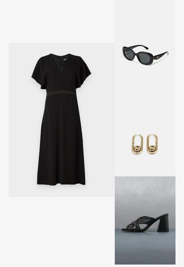 Schwarzes Kleid mit V-Ausschnitt, kurzen, schwingenden Ärmeln und einem kontrastierenden horizontalen Band in der Taille. Aus einem glatten, fließenden Stoff gefertigt.; Schwarzer High-Heel-Mule mit gepolsterten Riemen und silbernem Kettendetail, im Freien auf Terrakottakacheln mit verschwommenem Grün und Wand im Hintergrund präsentiert.; Schwarze Sonnenbrille mit runden Gläsern, glanzvollem Kunststoffrahmen und einem goldenen Logoakzent an den Schläfen. Die dunklen Gläser bieten UV-Schutz.; BOSS DOUBLE B SWING - Ohrringe - gold-coloured