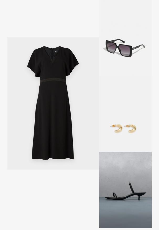 Schwarzes Kleid mit V-Ausschnitt, kurzen, schwingenden Ärmeln und einem kontrastierenden horizontalen Band in der Taille. Aus einem glatten, fließenden Stoff gefertigt.; Schwarze Calvin Klein Sandalette mit dünnen Riemen und Absatz, balanciert auf Holzfliesen im Freien neben einer Wand und Grünpflanzen.; Schwarze quadratische Sonnenbrillen mit grauen Verlaufslinsen. Glänzende Rahmen mit klaren Linien. Silbernes Logo-Detail an den Schläfen.; Goldene, mondförmige Ohrringe mit glatter Oberfläche, die orangefarbene Akzente nahe dem Stecker und silberne Beschläge aufweisen.