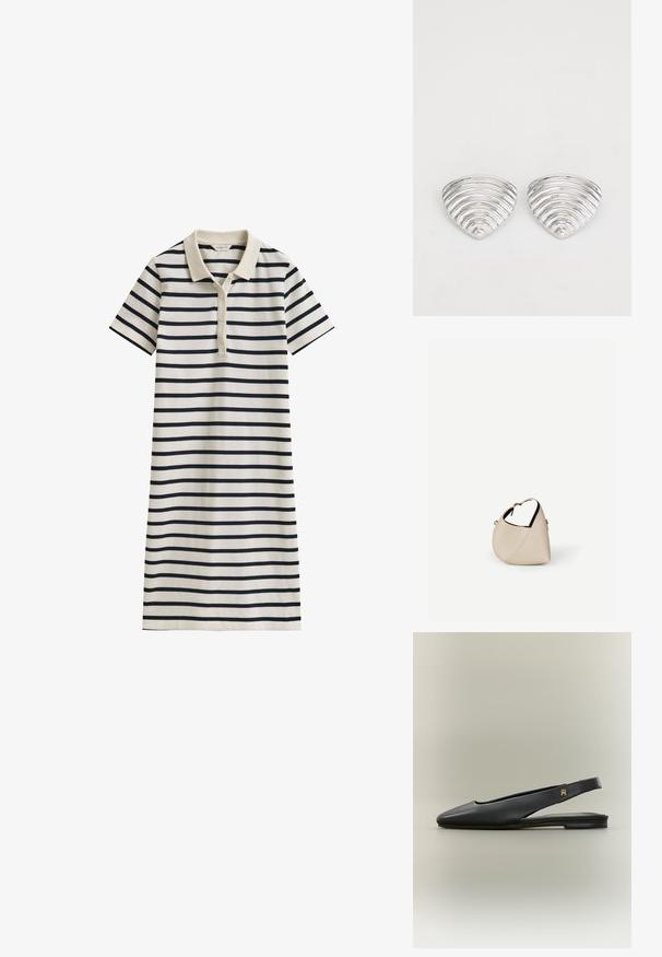 Robe polo à manches courtes rayée crème et marine avec un col et trois boutons sur la patte de boutonnage avant.; Chaussure plate noire en cuir à bride arrière avec bout pointu et accent logo doré sur la bride, présentée sur un fond neutre.; Sac à main en cuir beige en forme de croissant avec une seule bandoulière et des coutures minimalistes, posé sur un fond blanc uni.; Boucles d'oreilles en argent avec un design ondulé et texturé, en forme de croissants superposés ; la finition polie accentue les qualités réfléchissantes.