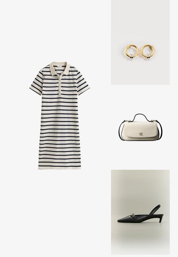 Robe polo à manches courtes rayée crème et marine avec un col et trois boutons sur la patte de boutonnage avant.; Escarpin slingback en cuir noir avec talon kitten, bout pointu et petite boucle dorée sur un fond uni.; Sac à main rectangulaire crème avec bandoulière et poignée noires, fermeture à rabat à l'avant, et petit logo argenté « cK » au centre devant.; Boucles d'oreilles circulaires en or avec deux petites bagues en argent sur chacune, affichant des détails subtils du nom de la marque gravé, posées sur un fond blanc.