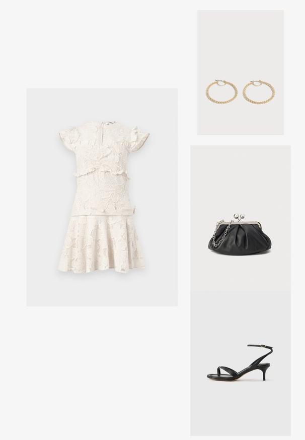 Robe blanche en dentelle à manches courtes avec motifs floraux, détails à volants sur les manches et la taille, et jupe évasée.; Sandale pour femme en cuir noir avec fines lanières, une boucle d'orteil, une boucle à la cheville et un talon aiguille de hauteur moyenne sur un fond neutre.; Porte-monnaie en cuir noir avec texture froncée, cadre en métal argenté, fermeture à verrouillage kiss-lock et bandoulière en chaîne. Surface lisse et douce.; Paire de boucles d'oreilles créoles en or de taille moyenne avec un design texturé et perlé sur un fond clair uni.