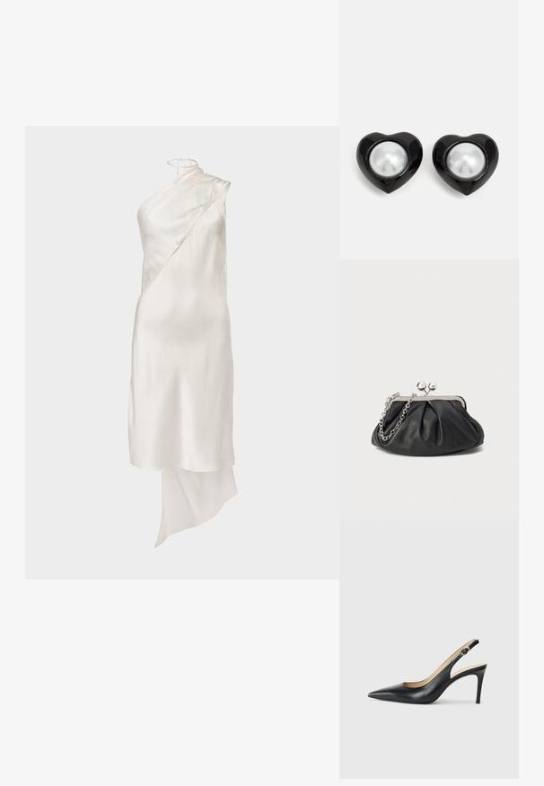 Hvid satin kjole med et asymmetrisk design, der har en skulder neckline og en flydende fald. Glat tekstur og minimale hardware detaljer.; Sorte læder slingback højhælede sko med spids tå, justerbar rem og en slank stiletto hæl, der har en glat finish.; Sort læder clutch med samlet tekstur, sølvfarvet metalramme, kys-lås lukning og kædestrop. Glat, blød overflade.; Sorte hjerteformede øreringe med en blank finish, som har en fremtrædende sølvperle-lignende midte. Glat tekstur med rundede kanter.