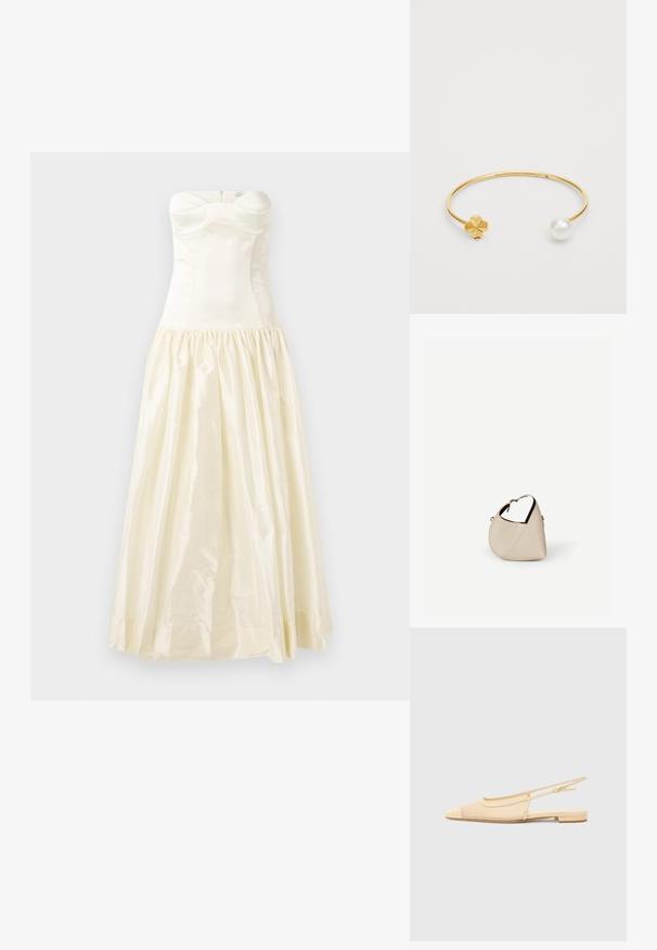 Mouwloze jurk in crèmekleur met een nauwsluitend lijfje en een geplooide, vloeiende rok. Glad satijnen materiaal met een subtiele textuur en glans.; Slingback ballerina in lichtbeige met een mesh bovenwerk, spitse neus en een lage hak. Voorzien van een verstelbare band voor een goede pasvorm.; Beige leren handtas in halvemaanvorm met een enkele schouderband en minimale stiksels, afgebeeld tegen een effen witte achtergrond.; Gouden metalen armband met een bloemmotief aan de ene kant en een ronde witte parel aan de andere kant. Het ontwerp is strak en minimalistisch.