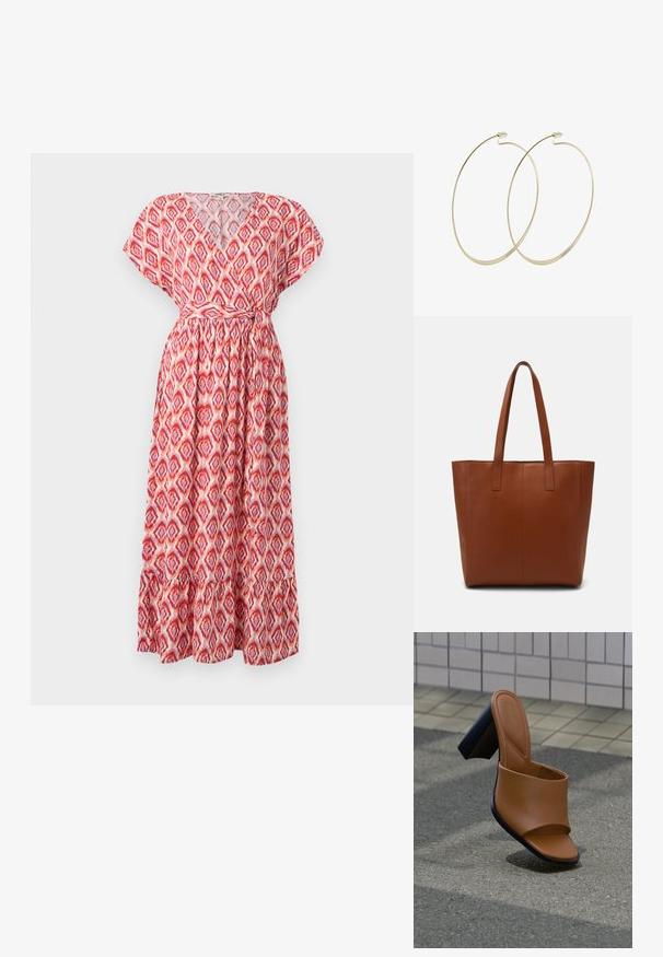 Robe maxi avec décolleté en V, manches courtes et taille cintrée. Fabriquée en tissu léger avec un motif en losanges rouge et rose, et ourlet à volants.; Sandale à enfiler en simili cuir marron avec une texture lisse, bout ouvert et un talon épais noir. Design minimaliste, avec une large bride traversant le pied.; Sac en cuir marron avec une texture lisse, des détails de couture verticale et deux poignées plates. Design à ouverture supérieure, intérieur spacieux.; Pilgrim Boucles d'oreilles - gold-coloured