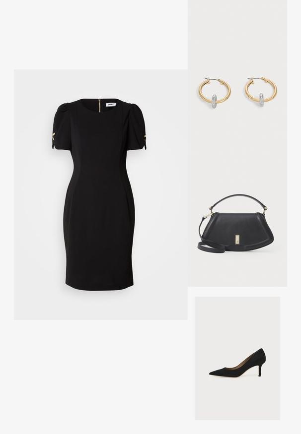 Vestido negro con una silueta ajustada, mangas cortas abullonadas y acentos decorativos en dorado. Presenta una cremallera en la parte posterior y una tela suave y texturizada.; Zapato de salón negro de ante con punta afilada, tacón stiletto de altura media y suela interior color cuero claro sobre un fondo claro.; Bolso de mano de cuero negro con una forma estructurada, que cuenta con un asa corta y una correa desmontable, acentuado por un detalle de cierre en tono dorado.; Par de pendientes de aro en tono dorado con pequeño detalle de aro en tono plateado en cada uno, expuestos sobre un fondo gris claro.