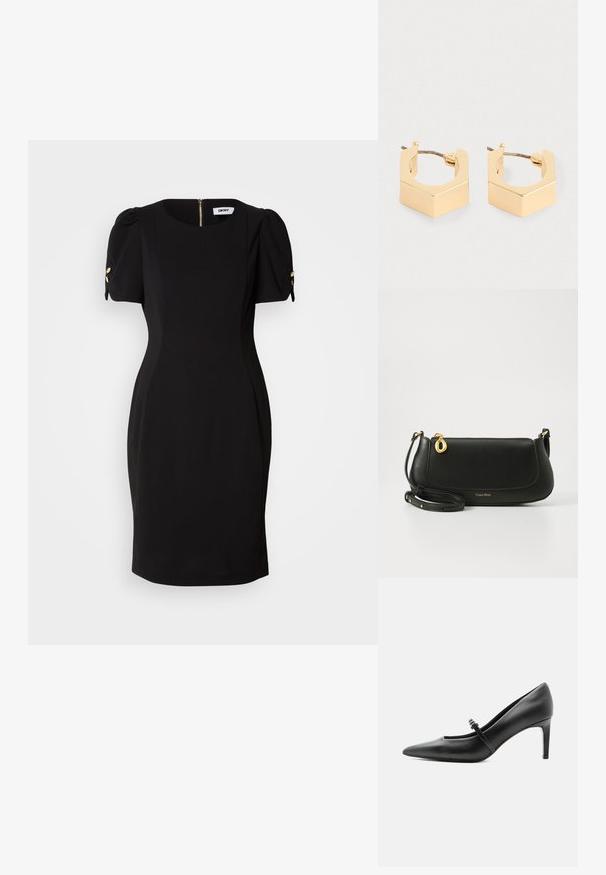 Vestido negro con una silueta ajustada, mangas cortas abullonadas y acentos decorativos en dorado. Presenta una cremallera en la parte posterior y una tela suave y texturizada.; Zapato de tacón alto de cuero negro con punta puntiaguda, con tira fina y hebilla sobre el empeine, sobre fondo claro y neutro.; Bolso cruzado de cuero negro con una textura suave, detalles en metal dorado, cierre de cremallera y un logo en el borde inferior.; Un par de pendientes en forma de aro geométrico pequeño en tono dorado, con bordes angulares y cierres de tipo poste, sobre un fondo claro.