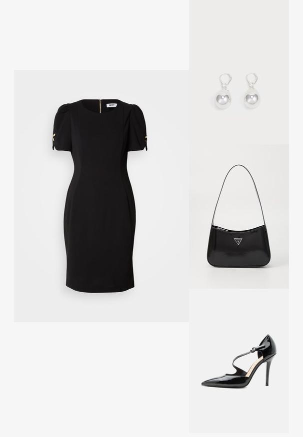 Vestido negro con una silueta ajustada, mangas cortas abullonadas y acentos decorativos en dorado. Presenta una cremallera en la parte posterior y una tela suave y texturizada.; Zapato de tacón alto de cuero de charol negro con punta puntiaguda y una fina correa en el tobillo que se abrocha con una pequeña hebilla.; Bolso de hombro de charol negro con forma curva, que presenta un logotipo triangular plateado y un cierre de cremallera. Textura suave y correa delgada.; Pendientes de plata en forma de gota con superficies redondas y reflectantes colgando de cierres de palanca. El fondo es blanco liso.