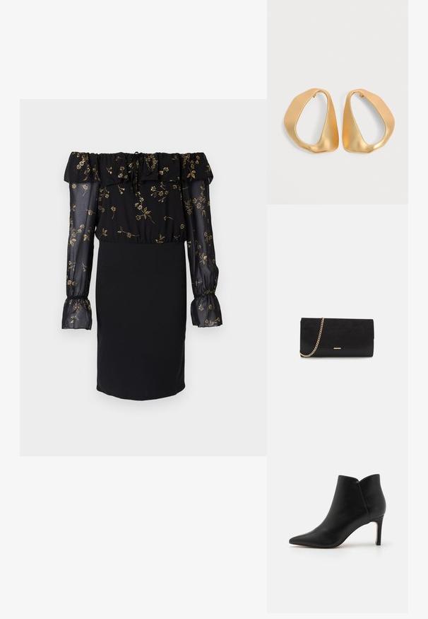 Sorte kjole med off-the-shoulder design, gennemsigtige ærmer med blomsterprint og en tætsiddende nederdel. Udsmykket med flæse-detaljer.; Sorte læder ankelstøvler med spidse tæer, smal design og stiletthæl, der har en unik bølgeformet åbning ved anklen.; Sort clutch taske lavet af ruskind med en struktureret overflade, udstyret med en guld kædestrop og et elegant, kantet design.; Par af uregelmæssige, asymmetriske gyldne hoop-øreringe med en glat, mat finish på en neutral baggrund.