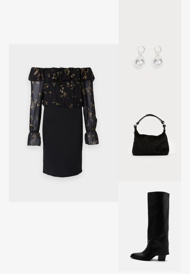 Sorte kjole med off-the-shoulder design, gennemsigtige ærmer med blomsterprint og en tætsiddende nederdel. Udsmykket med flæse-detaljer.; Høj sort læderstøvle med skråt syning, spids tå og kraftig mellemhøj hæl på hvid baggrund.; Sort faux fur håndtaske med en blød tekstur, rund form og en robust skulderrem i sort læder. Synlige sølvhardware-detaljer.; Sølv dråbeøreringe med glatte, runde, reflekterende overflader hængende fra svingelukkede låse. Baggrunden er helt hvid.