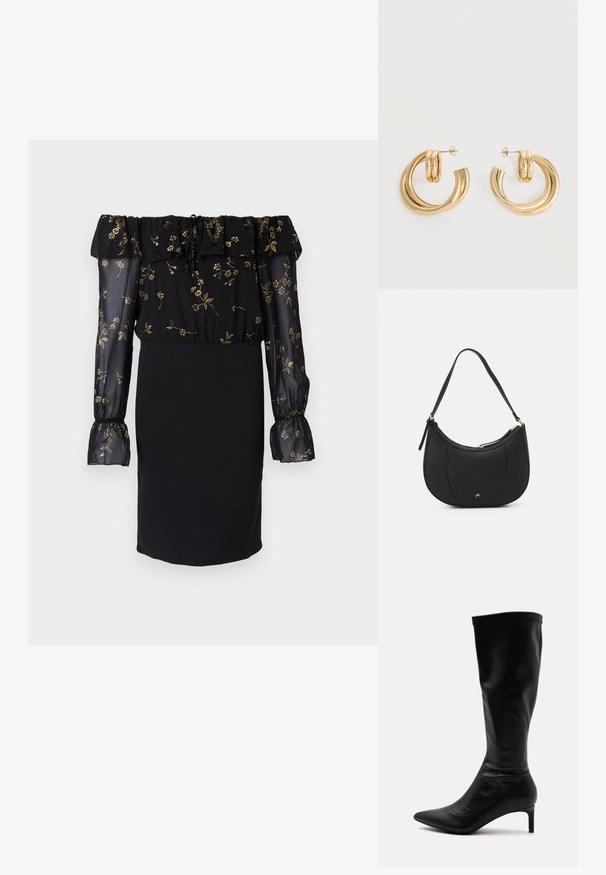 Sorte kjole med off-the-shoulder design, gennemsigtige ærmer med blomsterprint og en tætsiddende nederdel. Udsmykket med flæse-detaljer.; Sort knælang læderstøvle med spids tå og slank mellemhøj hæl på en ensartet lys baggrund.; Sort læderhåndtaske med en buet form, struktureret overflade, forreste syninger og et logo i guldfarve. Har en enkelt justerbar rem.; Par af skinnende gyldne dobbelt loop øreringe med stift-lukning på hvid baggrund.