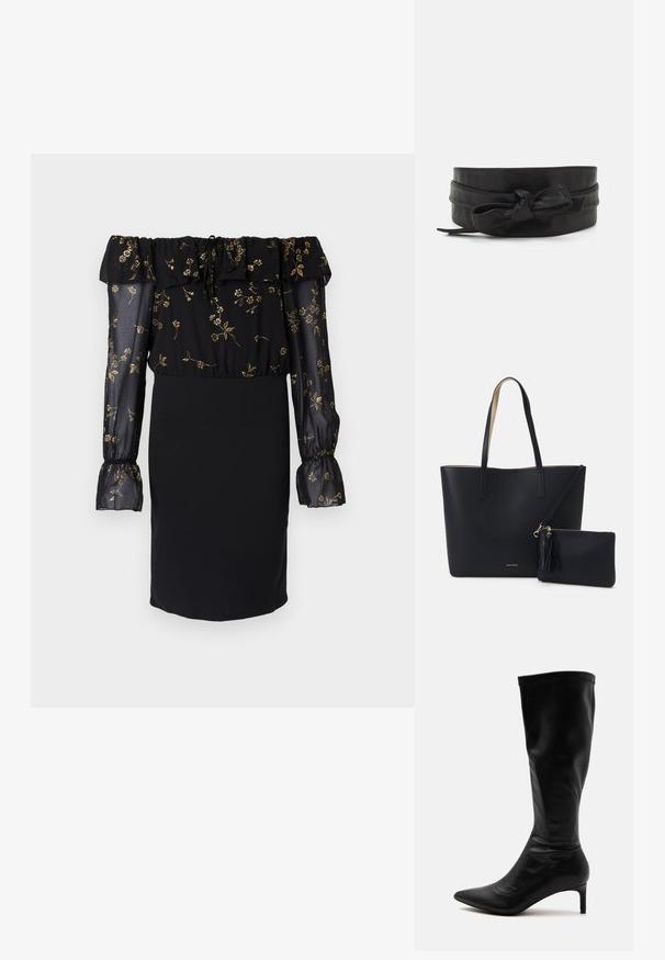 Vestido negro con diseño descubierto en los hombros, mangas transparentes con patrón floral y falda ajustada. Detallado con acentos de volantes.; Bota de cuero negra hasta la rodilla con punta puntiaguda y tacón medio delgado sobre un fondo claro y liso.; Bolsa tote negra con material texturizado, dos asas largas y un bolso con cremallera removible que cuenta con un detalle de borlas. Logo de la marca en dorado visible.; Cinturón de cuero negro con una textura suave, diseño de banda ancha, con un acento anudado en la parte frontal y una forma simple y elegante.