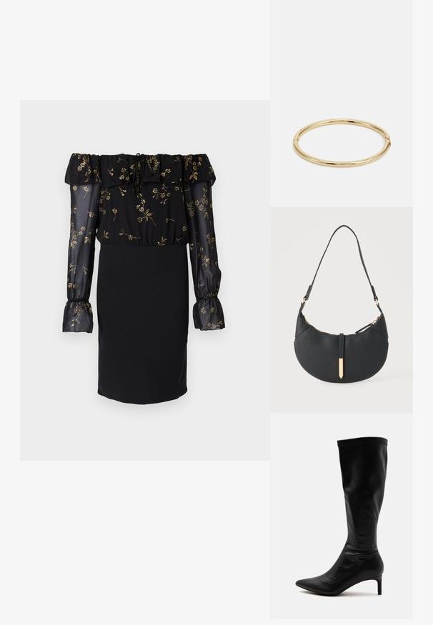 Sorte kjole med off-the-shoulder design, gennemsigtige ærmer med blomsterprint og en tætsiddende nederdel. Udsmykket med flæse-detaljer.; Sort knælang læderstøvle med spids tå og slank mellemhøj hæl på en ensartet lys baggrund.; Sort håndtaske formet som en halvmåne med en enkelt rem, guld lynlås og en guldfarvet rektangulær dekorativ fane foran.; Gul armbåndsarmbånd med en glat, skinnende overflade, der har en rund form og en subtil låsedetalje.
