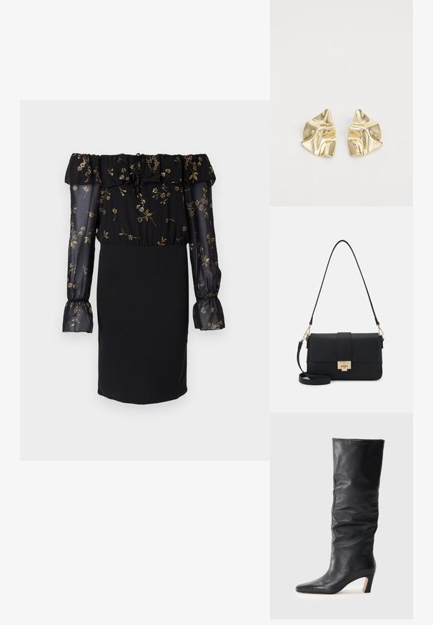 Sorte kjole med off-the-shoulder design, gennemsigtige ærmer med blomsterprint og en tætsiddende nederdel. Udsmykket med flæse-detaljer.; Sorte læderstøvler med hæl til midt på læggen, med en let skrånet skaft og spids tå på en lys baggrund.; Sort faux læder skuldertaske med rektangulær form, guld hardware, magnetlås og aftagelig rem. Tekstureret overflade.; Guldmetalløreringe med et bølget design; glat, reflekterende overflade; asymmetrisk form; ingen synlige mønstre eller hardware.