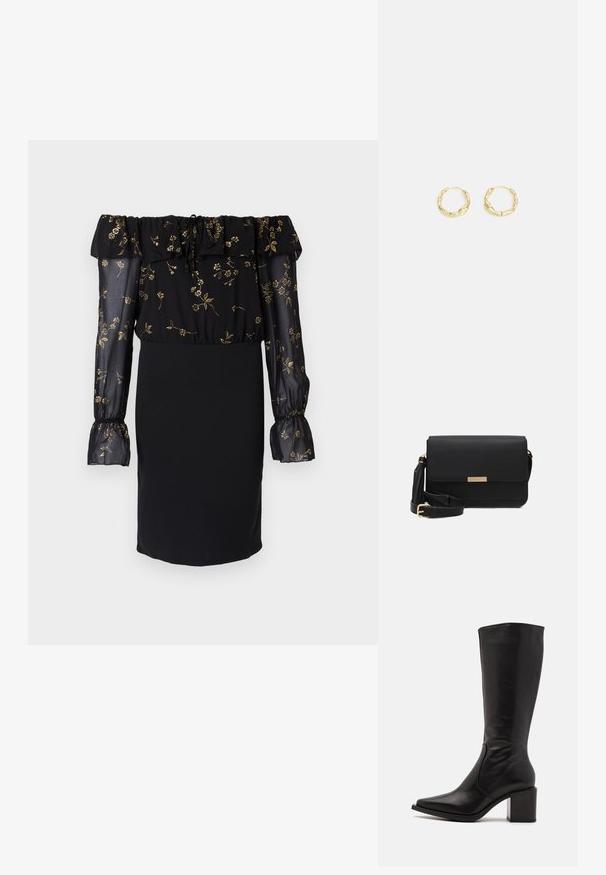 Sorte kjole med off-the-shoulder design, gennemsigtige ærmer med blomsterprint og en tætsiddende nederdel. Udsmykket med flæse-detaljer.; Zign by Zalando LEATHER - Høje støvler/ Støvler - black; Sorte læder crossbody taske med flaplukning, guldfarvede Hardware, justerbar rem og tekstureret overflade. Kompakt rektangulær form.; Guld hoops øreringe med en tekstureret, ujævn overflade. Har et let design og cirkulær form, egnet til hverdagsbrug.