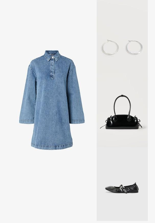 Lysblå denimkjole med spids krave, lange ærmer og knaplukning. Har en afslappet pasform og struktureret stof.; Sorte læder flade sko med spids tå, samling detaljer omkring åbningen, og en sølv spænde accent på den justerbare rem.; Lille sort blank håndtaske med to lange håndtag og snøre-detaljer i siden på en ensfarvet lys baggrund.; Sølvfarvede metaloorringe med glat, let buet overflade og låsemekanisme på en ensfarvet hvid baggrund.