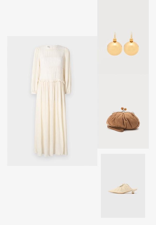 Robe longue de couleur crème avec des manches longues, tissu texturé, corsage froncé et ourlet à volants. Design léger et fluide.; Chaussure en cuir couleur crème à enfiler avec un bout pointu, des détails froncés à l'avant et un petit talon carré.; Petit sac pochette en daim marron doux avec tissu froncé, fermoir métallique, accents de perles en bois et bracelet pour poignet sur fond blanc.; Paire de boucles d'oreilles boule de Noël dorées brillantes avec fermoirs à crochet sur fond blanc uni.