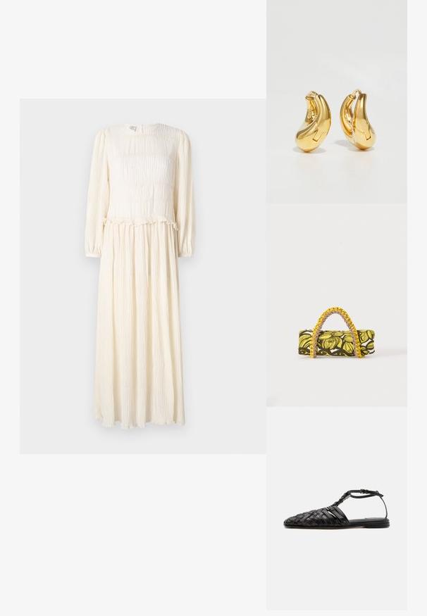 Robe longue de couleur crème avec des manches longues, tissu texturé, corsage froncé et ourlet à volants. Design léger et fluide.; Sandale plate en cuir noir avec bout fermé tissé, bride à la cheville et boucle, présentée sur fond blanc.; Sac rectangulaire avec motif floral jaune et noir et anse tressée jaune et rose sur fond blanc.; Boucles d'oreilles en or en forme de d'anneaux lisses et courbés avec une finition polie. Équipées d'un mécanisme de fermeture et de légères indentations pour le détail.