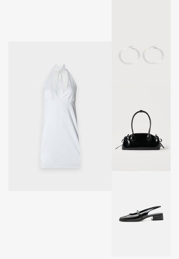 Λευκό halter top με βαθύ V-λαιμό, συσσωρευμένη λεπτομέρεια κάτω από το στήθος και ρυθμιζόμενο δέσιμο στον λαιμό. Λείο υφή, μινιμαλιστικός σχεδιασμός.; Μαύρο παπούτσι slingback από λουστρίνι με χαμηλό τετράγωνο τακούνι και λεπτό λουράκι με ασημένια αγκράφα στο πάνω μέρος.; Μικρή μαύρη γυαλιστερή τσάντα με δύο μακριές λαβές και λεπτομέρειες με ρυθμιζόμενο κορδόνι στο πλάι σε απλό ανοιχτό φόντο.; Ζεύγος λαμπερών ασημένιων κρίκων με λεπτές σύρμα σφραγίδες, παρουσιασμένα σε ανοιχτό γκρι φόντο.