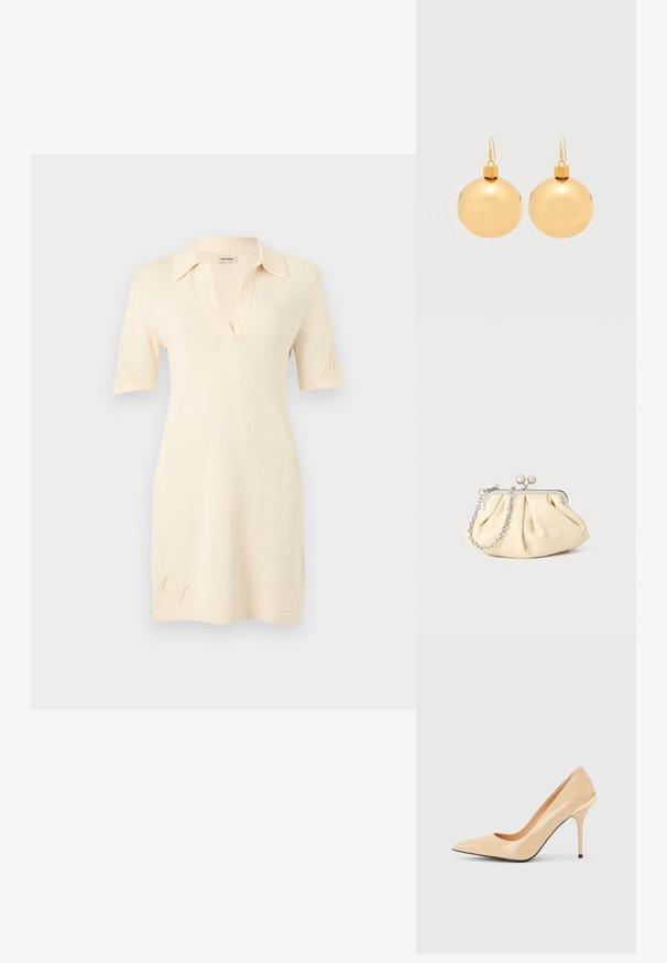 Robe tricotée crème à manches courtes avec col, encolure en V et détails tricotés subtils sur les manches et près de l'ourlet.; Escarpin à talon haut en cuir verni beige avec bout pointu et talon aiguille fin, orné d'un petit accent doré à l'arrière.; Pochette en cuir beige plissé avec un cadre en métal argenté, dotée de deux fermoirs ronds décoratifs et d'une chaîne en argent.; Paire de boucles d'oreilles boule de Noël dorées brillantes avec fermoirs à crochet sur fond blanc uni.