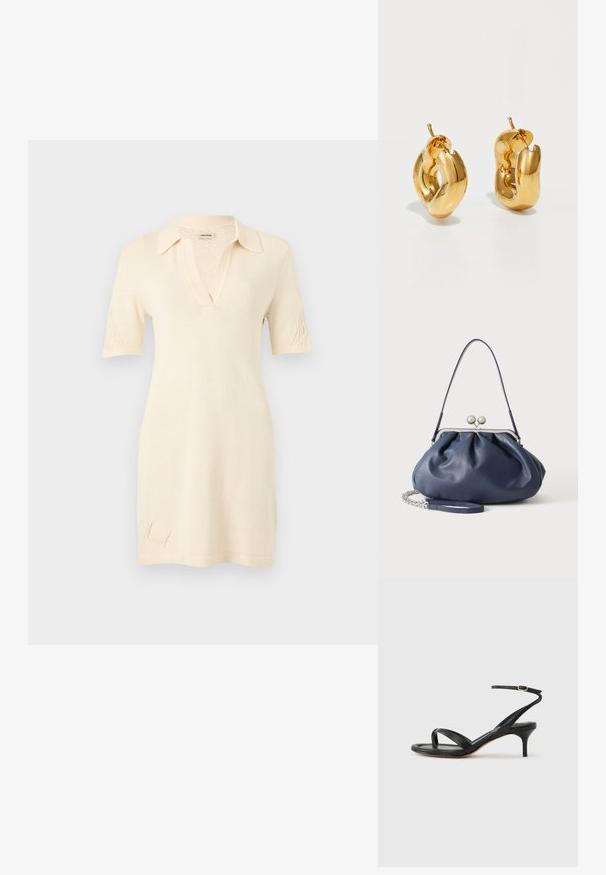 Robe tricotée crème à manches courtes avec col, encolure en V et détails tricotés subtils sur les manches et près de l'ourlet.; Sandale pour femme en cuir noir avec fines lanières, une boucle d'orteil, une boucle à la cheville et un talon aiguille de hauteur moyenne sur un fond neutre.; Sac à main en cuir bleu marine doux avec fermeture à boucle argentée, une seule bandoulière, et une chaîne de poignet amovible sur fond blanc.; Boucles d'oreilles créoles en or massif avec un design tubulaire légèrement tordu et des fermoirs à tige sur un fond blanc.