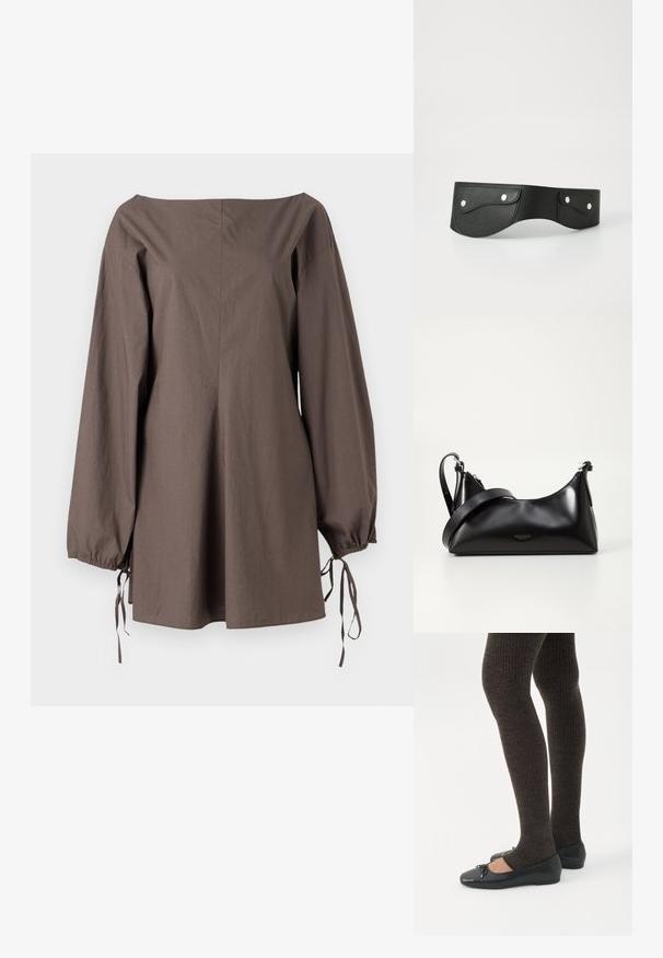Haut marron, décolleté asymétrique en tissu texturé, avec des manches longues à cordons de serrage et une coupe ample et décontractée.; Jambes portant des leggings côtelés foncés associés à des ballerines noires avec de petits détails en nœud sur fond blanc.; Sac à main en cuir noir avec une texture lisse. Dispose d'une bandoulière adjustable et d'un design élégant et minimaliste avec une fermeture éclair.; Ceinture en cuir noir avec deux poches arrondies, fermées par des boutons-pression en argent. Texture lisse, design légèrement courbé.