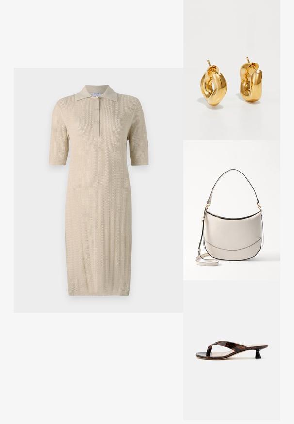Robe tricotée crème à manches courtes, col polo et patte de boutonnage. Présente un motif texturé courant verticalement le long du tissu.; Sandale à talon kitten écaille de tortue marron avec bride entre les orteils et bout carré sur un fond clair uni.; Vanessa Bruno DAILY - Sac à main - ivoire; Boucles d'oreilles créoles en or massif avec un design tubulaire légèrement tordu et des fermoirs à tige sur un fond blanc.