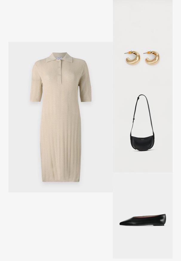 Robe tricotée crème à manches courtes, col polo et patte de boutonnage. Présente un motif texturé courant verticalement le long du tissu.; Chaussure plate en cuir noir pour femme, avec bout pointu et petit talon, vue de côté sur un fond gris clair uni.; Sac bandoulière en cuir noir en forme de croissant avec bandoulière réglable et petit logo doré au centre avant.; Deux boucles d'oreilles en forme de cerceau en or brillant, avec un design courbé, présentant des accents orange près de la tige, sur fond blanc uni.