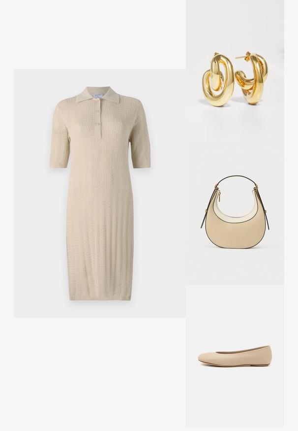 Strik creme kjole med korte ærmer, polo krave og knaplukning. Har et struktureret mønster, der løber lodret langs stoffet.; Beige læder balletflade med afrundet tå, minimal sømdetaljering, lav hæl og subtilt logo på bagsiden. Glat, mat tekstur.; Beige og cremefarvet tekstureret læderhåndtaske med mørk kant og guld lynlås, med buet top-håndtag og halvmåneformet design.; Charlotte Chesnais BO INITIAL BLOW - Øreringe - gold-coloured