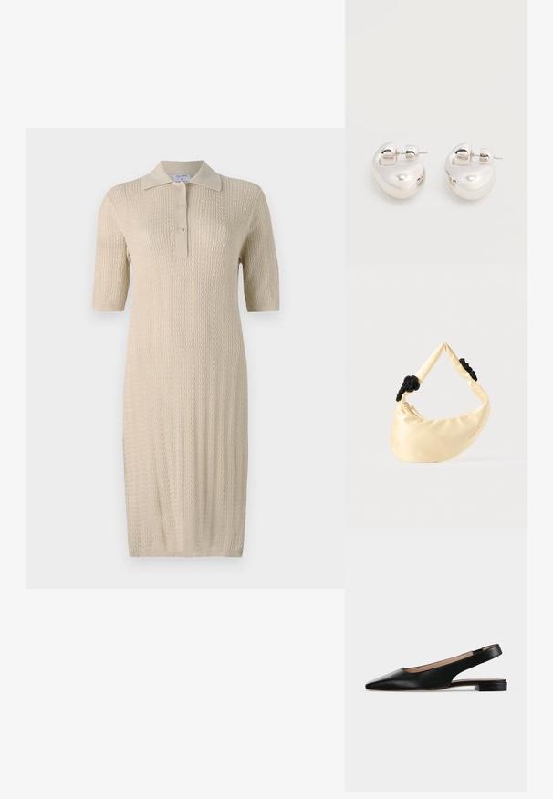 Strik creme kjole med korte ærmer, polo krave og knaplukning. Har et struktureret mønster, der løber lodret langs stoffet.; Sort læder slingback flad sko med spids tå og lav firkantet hæl på hvid baggrund.; Skuldertaske i cremefarvet satin med to sorte flettede knuder på remmen og en synlig lynlåslukning.; Par af skinnende sølv store øreringe med lukning på bagsiden mod en ensfarvet hvid baggrund.