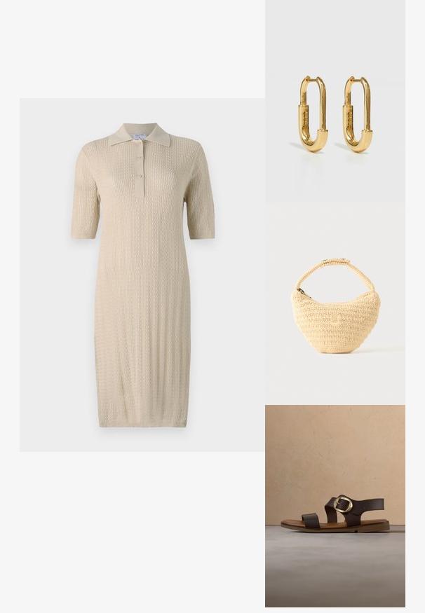 Robe tricotée crème à manches courtes, col polo et patte de boutonnage. Présente un motif texturé courant verticalement le long du tissu.; Sandale en cuir marron avec des larges brides et une grande boucle dorée, flottant au-dessus d'un tapis beige texturé près d'une table basse en bois.; Sac à main beige tissé avec corps arrondi, fermeture éclair et une sangle courte et épaisse dans un style crochet simple et texturé.; Boucles d'oreilles en métal doré en forme d'ovale allongé, avec une surface lisse et polie et un petit charnière pour l'attache.