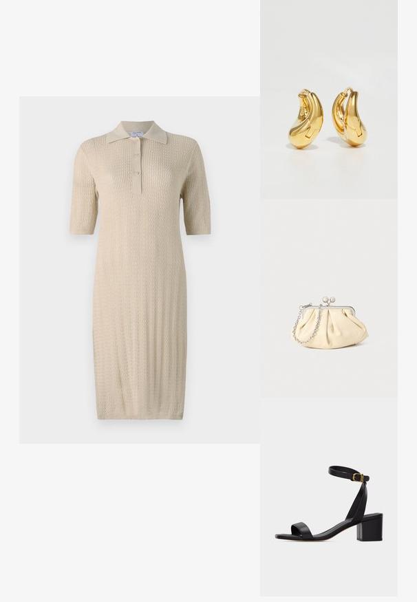 Robe tricotée crème à manches courtes, col polo et patte de boutonnage. Présente un motif texturé courant verticalement le long du tissu.; Sandale noire à bout ouvert avec talon bloc et bride à la cheville ornée d'une petite boucle en or, vue de côté sur un fond uni.; Pochette en cuir beige plissé avec un cadre en métal argenté, dotée de deux fermoirs ronds décoratifs et d'une chaîne en argent.; Boucles d'oreilles en or en forme de d'anneaux lisses et courbés avec une finition polie. Équipées d'un mécanisme de fermeture et de légères indentations pour le détail.