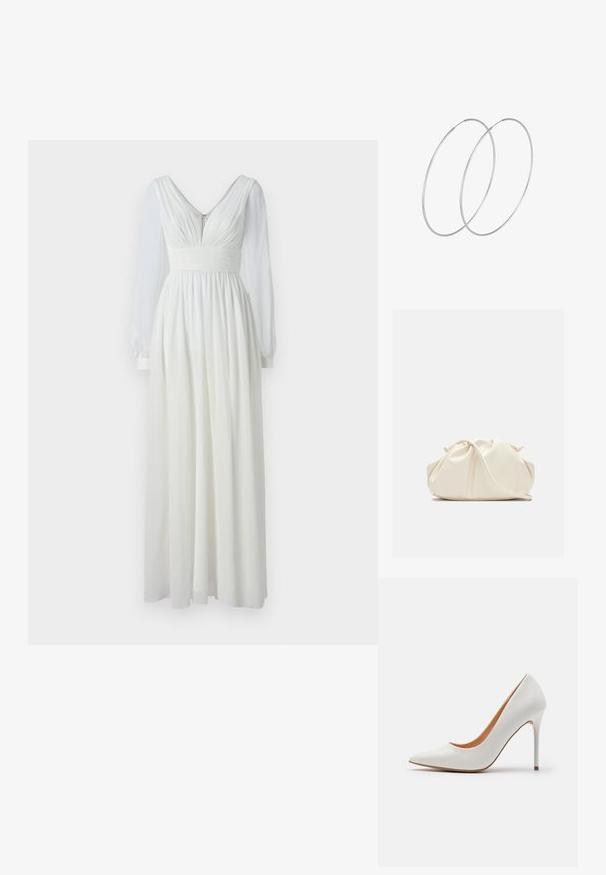 Vestido largo blanco con escote en V, cuerpo ajustado y falda fluida. Presenta largas mangas transparentes y un cierre en la parte posterior. Textura suave.; Zapato de tacón alto de charol blanco con punta afilada y tacón stiletto elegante, que presenta una textura suave y un interior beige.; Bolso de mano de cuero suave de color crema con diseño fruncido y plisado y una delgada correa para el hombro que descansa delante sobre un fondo liso.; Pendientes de aro plateados con un diseño minimalista. Forma circular, textura suave y perfil delgado. Livianos con un acabado pulido.