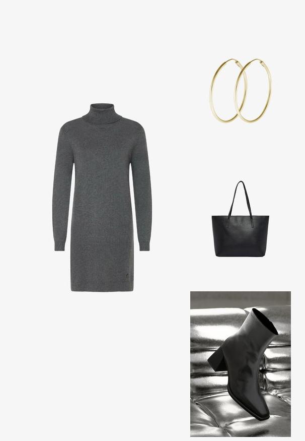 Robe en col roulé gris en matériau tricot doux. Elle présente des manches longues, une silhouette ajustée et un logo discret près de l'ourlet.; Botte noire à la cheville en matériau brillant avec un bout carré et un talon effilé, sur un fond argenté brillant et capitonné.; Sac fourre-tout en cuir noir texturé avec deux longues bretelles d'épaule, forme rectangulaire et ouverture sur le dessus.; Boucles d'oreilles en or en forme de cerceau, présentant un design lisse et rond avec une finition brillante. Construction légère avec un fermoir sécurisé.