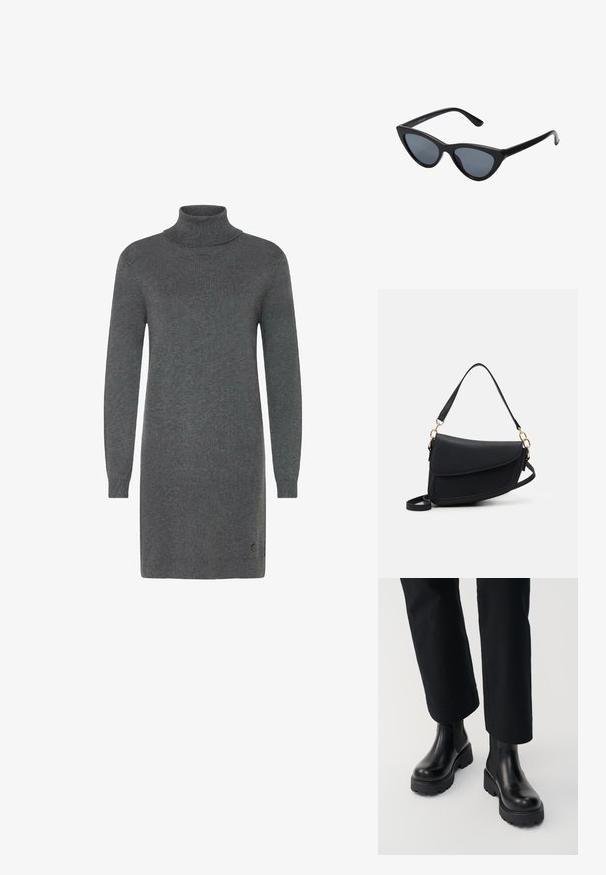 Robe en col roulé gris en matériau tricot doux. Elle présente des manches longues, une silhouette ajustée et un logo discret près de l'ourlet.; Personne portant des bottines en cuir noir à semelle épaisse, associées à un pantalon noir à jambes droites sur fond blanc.; Lunettes de soleil noires en forme d'œil de chat avec des verres gris foncé, monture en plastique élégante, coins pointus et branches droites. Pas de métal visible ni d'accents.; Sac à main en cuir noir avec une finition texturée, doté d'une seule bandoulière et d'accents en métal doré. Le design est élégant et minimaliste.
