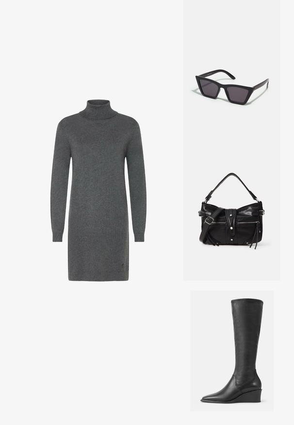 Robe en col roulé gris en matériau tricot doux. Elle présente des manches longues, une silhouette ajustée et un logo discret près de l'ourlet.; Bottes en cuir noir hautes jusqu'aux genoux avec une texture lisse, bout pointu et talon compensé ; présentent un bord cousu en haut.; Lunettes noires angulaires avec des verres gris ; fabriquées en plastique, avec des branches épaisses à la surface lisse et sans matériel visible.; Even&Odd by Zalando H24462 - Sac à main - black