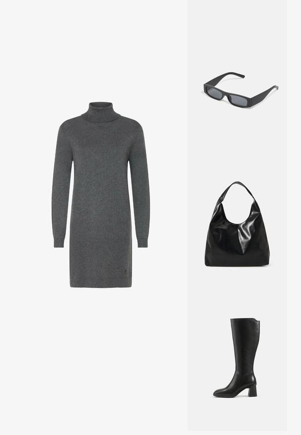 Robe en col roulé gris en matériau tricot doux. Elle présente des manches longues, une silhouette ajustée et un logo discret près de l'ourlet.; Botte en cuir noire montant jusqu’au genou avec un talon bloc et un bout arrondi, vue de profil sur un fond uni.; Lunettes de soleil noires rectangulaires avec des verres foncés et des montures en mat épais. Les branches sont légèrement effilées avec une texture lisse.; Sac hobo en cuir noir avec une texture douce et brillante et un haut ouvert arrondi. Dispose d'une large sangle courbée pour le transport. Pas de matériel visible.