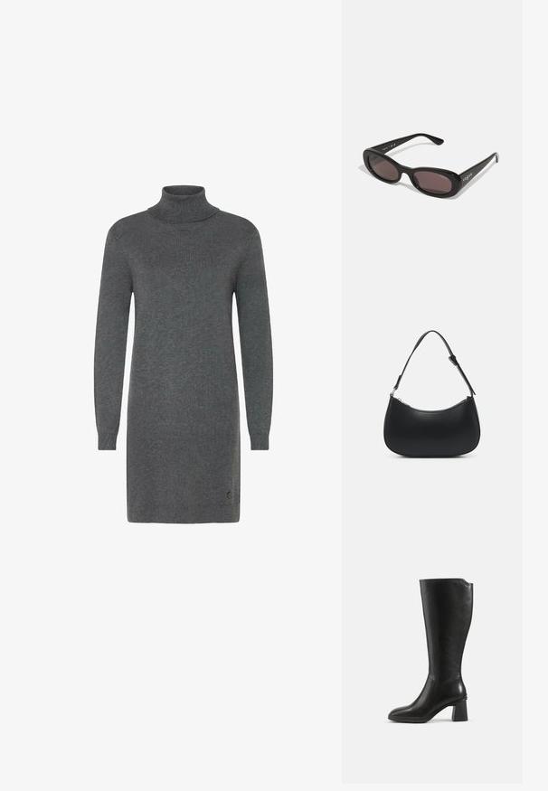 Robe en col roulé gris en matériau tricot doux. Elle présente des manches longues, une silhouette ajustée et un logo discret près de l'ourlet.; Botte en cuir noire montant jusqu’au genou avec un talon bloc et un bout arrondi, vue de profil sur un fond uni.; Lunettes de soleil noires avec des montures ovales, des verres teintés foncés et "vogue" imprimé en blanc sur les branches extérieures. Matériau en plastique lisse.; Pieces PCALUANA SHOULDER BAG - Sac à main - black