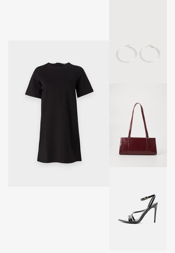 Robe noire à manches courtes avec un col rond et une fermeture éclair au dos. Design simple en tissu doux, tombant jusqu'au milieu de la cuisse.; Sandale noire à talon haut avec de fines brides sur les orteils et la cheville, avec une boucle dorée sur un talon aiguille élancé.; Sac à main bordeaux en matériau brillant, de forme rectangulaire, avec deux anses et des accents légèrement courbés à l'avant.; Paire de boucles d'oreilles créoles argentées brillantes avec fermoirs en fil fin, présentée sur un fond gris clair.