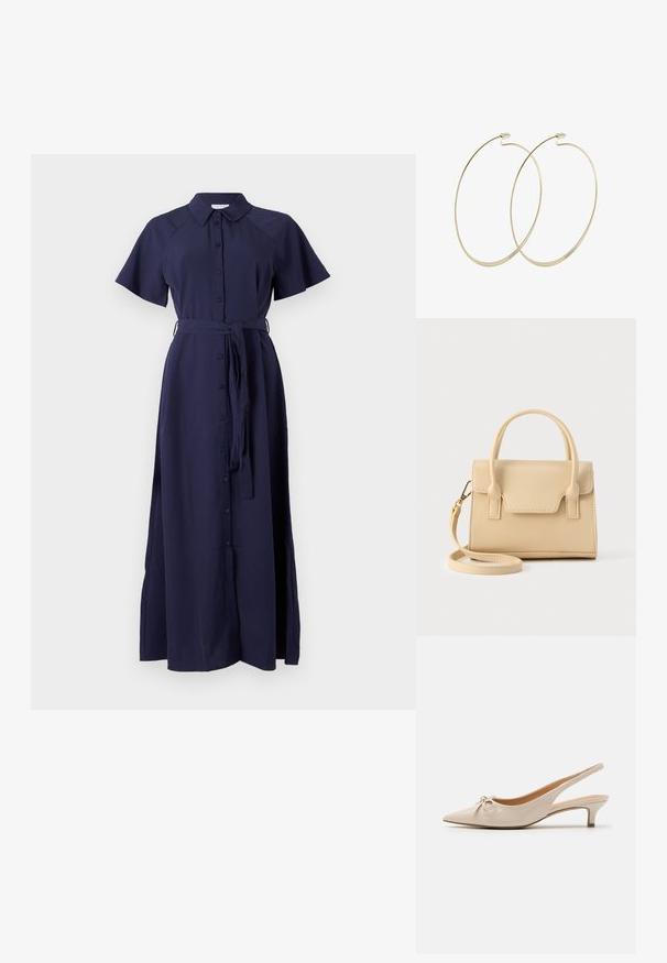 Marineblå, kortærmet kjole med knaplukning, krave og en bånd i taljen. Lavet af glat stof med en flydende maxilængde.; Beige patenterede læder slingback hæle med spidse tæer og en dekorativ sløjfe på vampen. Inkluderer en lav, slank hæl og en glat tekstur.; Beige læderhåndtaske med et struktureret design, der har en topstrop, aftagelig rem og syninger som detaljer.; Pilgrim Øreringe - gold-coloured