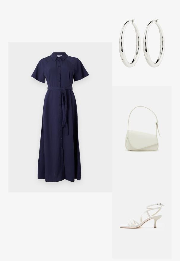 Vestido azul marino de manga corta con botones en la parte delantera, cuello y cintura con lazo. Hecho de una tela suave con largo maxi fluido.; Sandalia blanca de mujer con tiras, tacones delgados, tres tiras delanteras y una correa en el tobillo con hebilla plateada.; Bolso de mano de imitación cuero blanco con una forma triangular estructurada, correa ajustable única y cierre con solapa acentuada en curva.; Pendientes de aro de plata con una superficie lisa y reflectante. Forma redonda y grande con un cierre seguro en la parte superior. El acabado pulido resalta el brillo.
