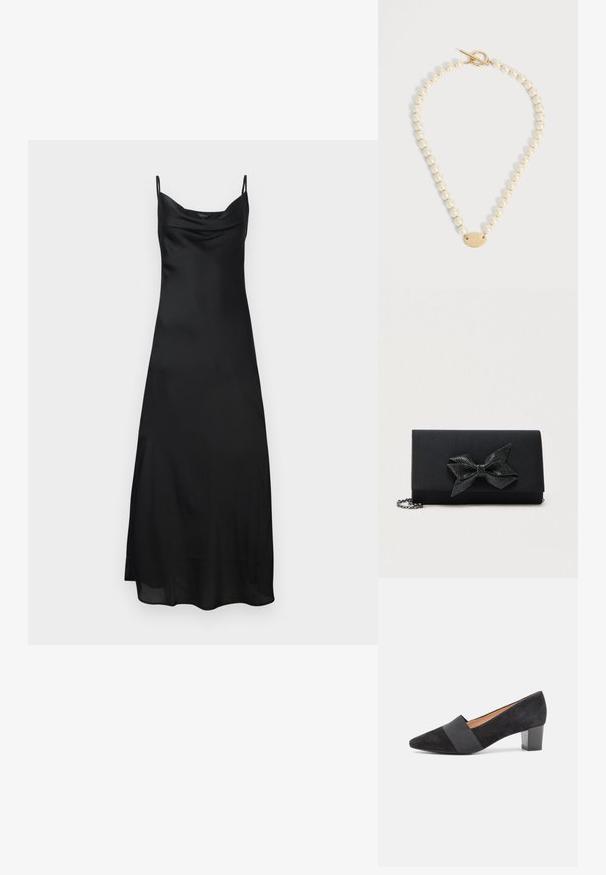 Vestido de satén negro sin mangas con tirantes finos, escote en cowl y una silueta fluida. La tela tiene una textura suave y brillante.; Zapato de tacón de ante negro con punta afilada, banda elástica de contraste cruzando el empeine y tacón medio en bloque. Textura suave con un brillo sutil.; Bolso clutch negro con acabado de satén, con un detalle de lazo metálico texturizado. Incluye una correa de cadena para opciones de transporte versátiles.; Collar de perlas con cierre de barra de oro y colgante ovalado de oro grabado con letras sobre un fondo blanco liso.