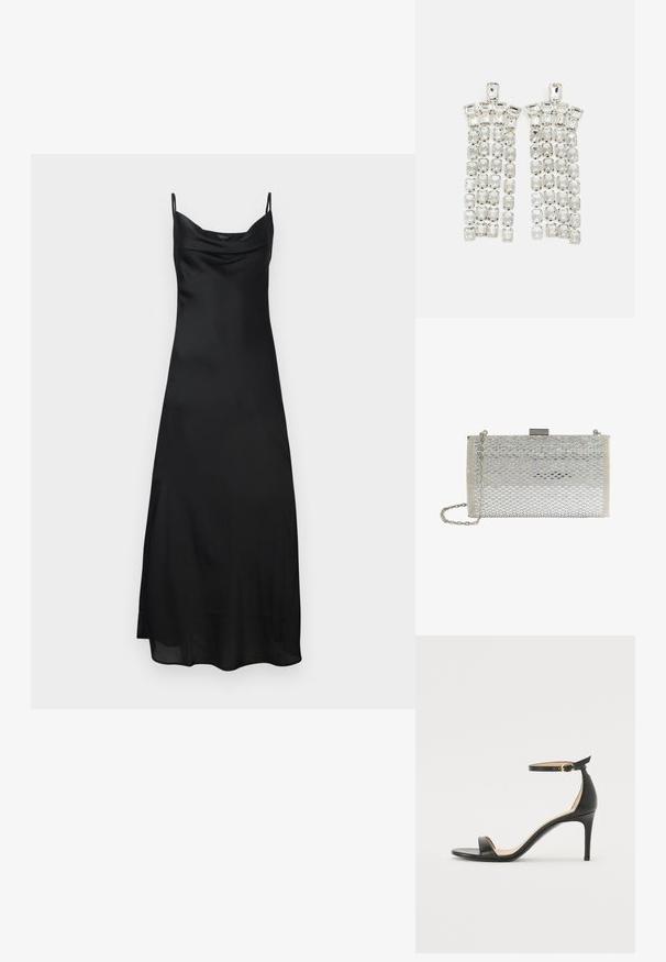Vestido de satén negro sin mangas con tirantes finos, escote en cowl y una silueta fluida. La tela tiene una textura suave y brillante.; Sándalo de tacón alto de piel negra con tiras en el tobillo. Presenta una textura suave, puntera abierta y un tacón delgado. Detalles de hebilla en tono dorado.; Bolso de mano rectangular plateado con patrón tejido, cierre metálico y correa de cadena fina para el hombro.; Pendientes de gota de cristal con un acabado en tono plateado, adornados con múltiples piedras recortadas en forma rectangular y cuadrada dispuestas en filas en cascada.